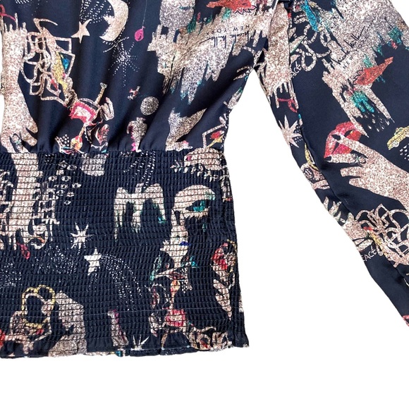 Nicole Miller NY black long puff sleeve blouse smocked waist holiday print XS - Picture 8 of 14